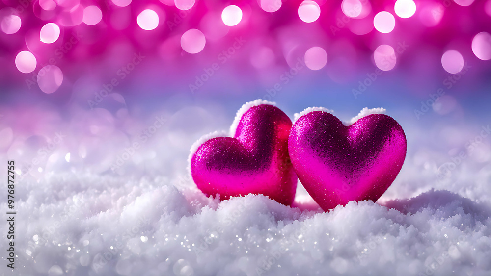 Two pink glitter hearts in snow with bokeh lights in the background with copy space. Romantic winter holiday concept. Valentine's Day greeting card design
