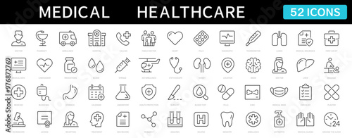 Medicine and Healthcare thin line icons. Medical, Medicine, Health, Doctor editable stroke icon set. Vector illustration