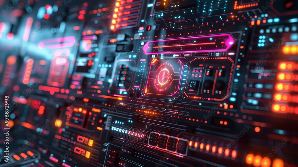 High-tech sci-fi background with glowing neon lights and advanced digital interfaces High-tech sci-fi background with glowing neon lights and advanced digital interfaces