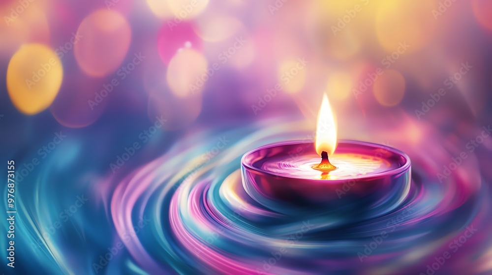 A vibrant candle glows softly amid colorful swirls, creating a tranquil ambiance perfect for relaxation and meditation. A vibrant candle glows softly amid colorful swirls, creating a tranquil ambiance perfect for relaxation and meditation.