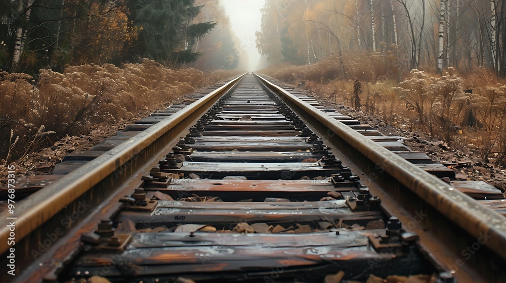 Naklejka premium Railway tracks in a field with dry grass and blue sky