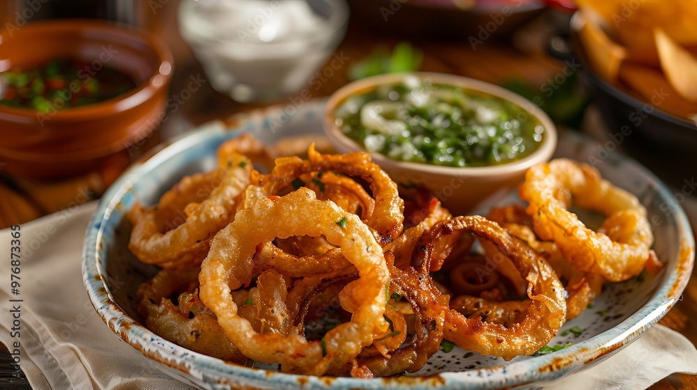 A tabletop backdrop with a dish of frying onion circles with green salsa on it A tabletop backdrop with a dish of frying onion circles with green salsa on it