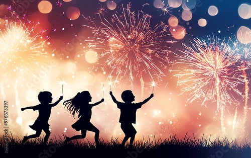 Children celebrate joyfully at night, silhouetted against a vibrant fireworks display bursting with color and excitement.