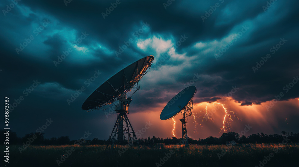 A satellite dish stands tall during dramatic lightning storm, capturing intensity of natures power. dark clouds and bright flashes create striking contrast A satellite dish stands tall during dramatic lightning storm, capturing intensity of natures power. dark clouds and bright flashes create striking contrast