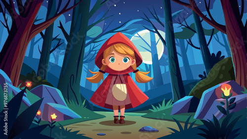 Little red riding hood standing on path through dark forest at night illustration