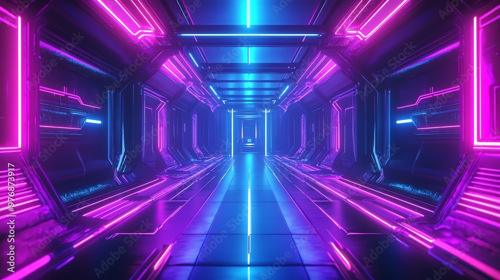 A futuristic hallway with glowing neon lights. A futuristic hallway with glowing neon lights.