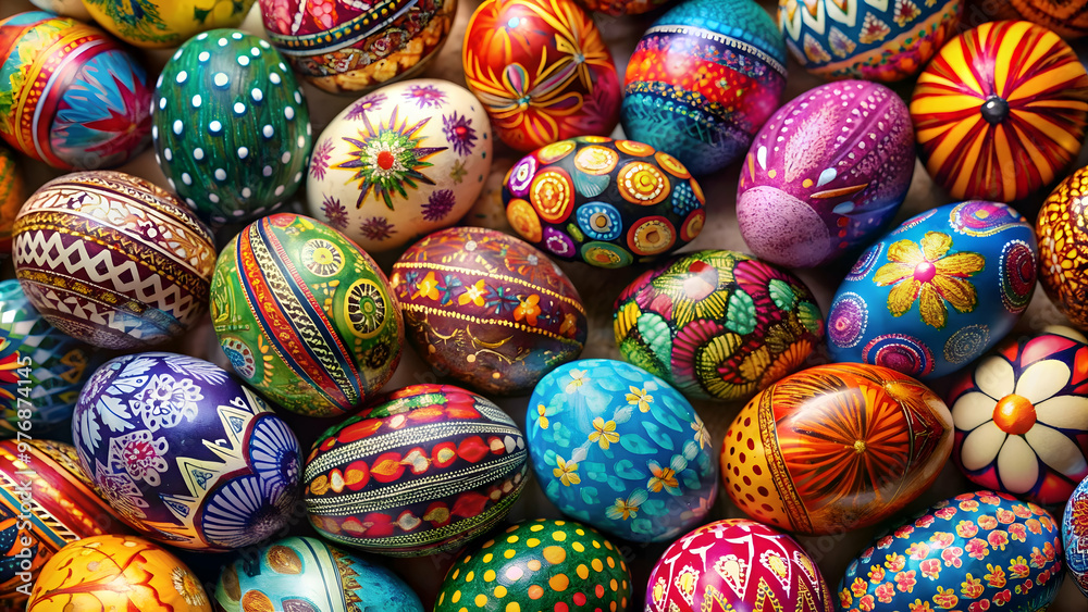 Collection of colorful Easter eggs with intricate designs, Easter, eggs, spring, holiday, celebration, vibrant Collection of colorful Easter eggs with intricate designs, Easter, eggs, spring, holiday, celebration, vibrant