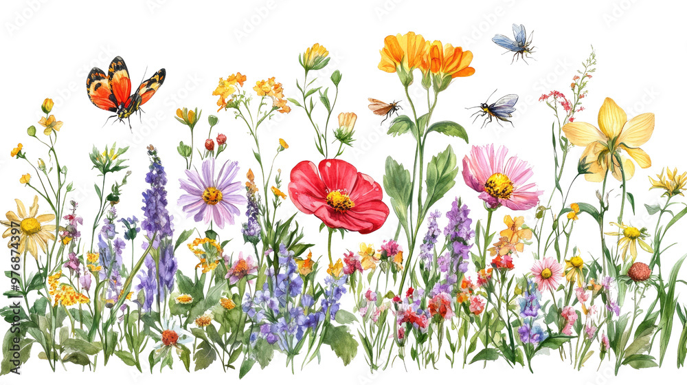 A vibrant illustration of blooming flowers in a sunny garden with daisies and lush greenery A vibrant illustration of blooming flowers in a sunny garden with daisies and lush greenery