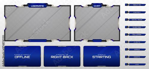 Stream Overlay Webcam Screen Frame and Stream Alert GUI Panels in Metallic Black, Silver, and Navy Blue Color Theme for Gaming and Live Video Streaming Platforms