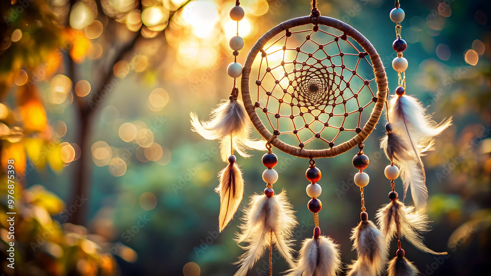 Obraz premium Dream catcher hanging with feathers and beads, Native American, culture, traditional, handmade, ornament, craft, symbol