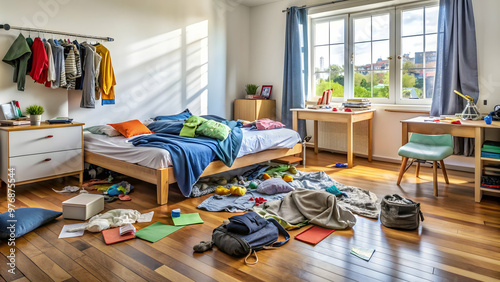 Messy teenager bedroom with clothes strewn on the floor, unmade bed, and scattered homework, untidy, disorganized, chaos