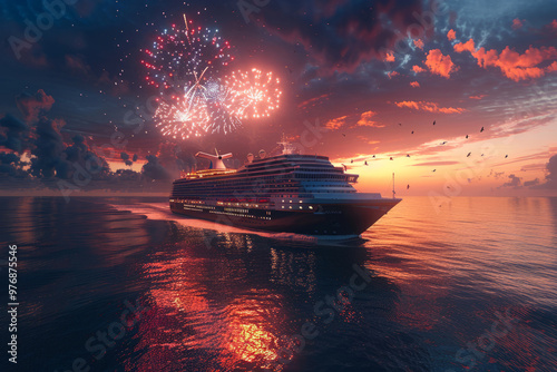 A luxury cruise ship sails on the sea against the background of sunset. Fireworks as a holiday concept. Christmas trip..