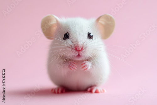 Cute mouse on a pink background. A charming pet.