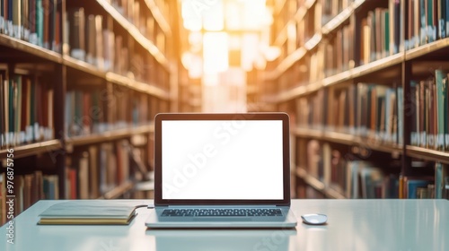 Laptop with blank screen on table in Modern library or bookstore interior with Learning and coworking space,relax zone,Library with rows of bookshelves,school or university,education concept.
