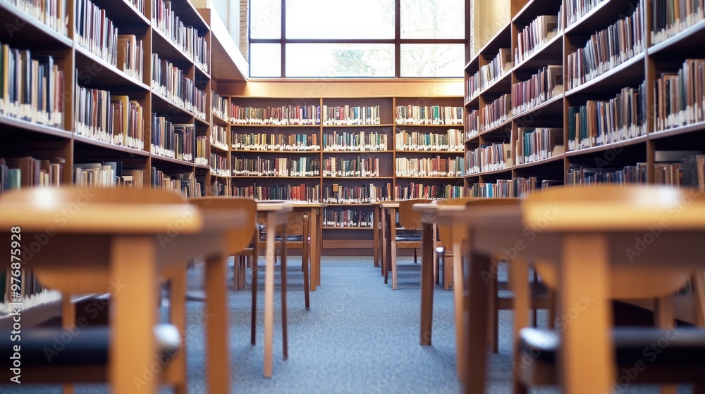 Modern library or bookstore interior with Learning and coworking space,relax zone,Library with rows of bookshelves arranged,school,university,shared desk and chairs,panoramic window. Modern library or bookstore interior with Learning and coworking space,relax zone,Library with rows of bookshelves arranged,school,university,shared desk and chairs,panoramic window.