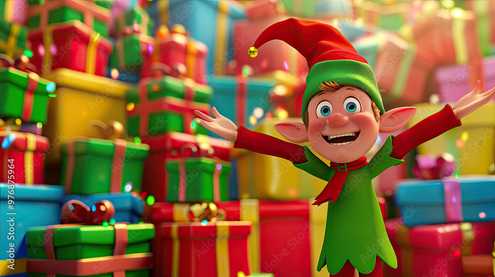 Joyful Cartoon Christmas Elf Spreading Arms in Front of a Pile of Holiday Presents Joyful Cartoon Christmas Elf Spreading Arms in Front of a Pile of Holiday Presents