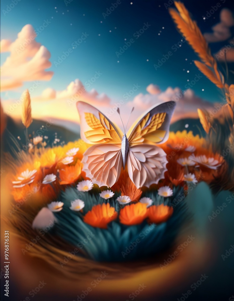 A large yellow butterfly with delicate wings sits amidst a field of orange and white flowers, with a soft blue sky and white clouds in the background. A large yellow butterfly with delicate wings sits amidst a field of orange and white flowers, with a soft blue sky and white clouds in the background.
