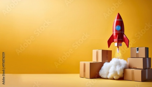 A red toy rocket launches off a stack of cardboard boxes against a yellow background. photo