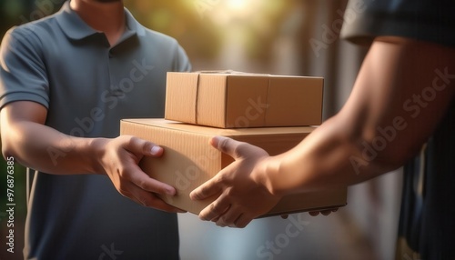 Wallpaper Mural A delivery person hands a package to a customer.  The customer is smiling and appears happy.  The photo conveys a sense of satisfaction and convenience. Torontodigital.ca