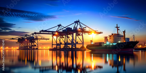 Silhouette of cargo ship and cranes at night port with bright lights , shipping, logistics, transportation, cargo, containers