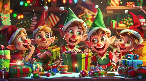 Cartoon Christmas Elves Wrapping Gifts in a Colorful Workshop Filled with Toys and Lights