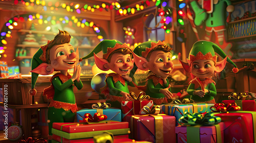 Wallpaper Mural Cheerful Cartoon Elves in a Toy Workshop Making Gifts Surrounded by Colorful Lights Torontodigital.ca