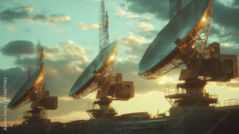 Multiple satellite dishes at military base reflect warm glow of sunset, showcasing advanced communication technology. scene captures blend of innovation and military presence Multiple satellite dishes at military base reflect warm glow of sunset, showcasing advanced communication technology. scene captures blend of innovation and military presence