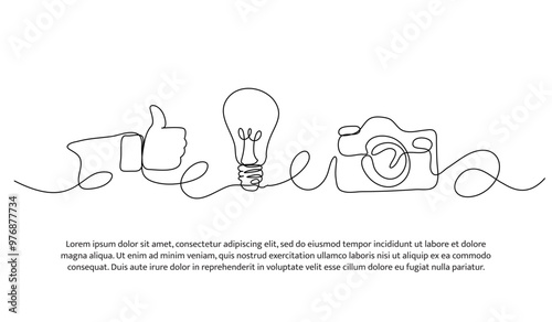 Continuous one line design of photography line ideas and hobbies. Minimalist style vector illustration on white background.