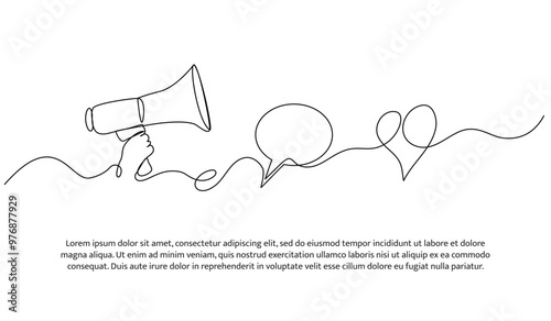 Continuous one line design of announcements via chat media and megaphone. Minimalist style vector illustration on white background.