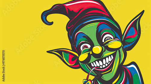 Playful Pop-Art Elf in Bold Colors and Black Outlines Set Against a Vibrant Yellow Background