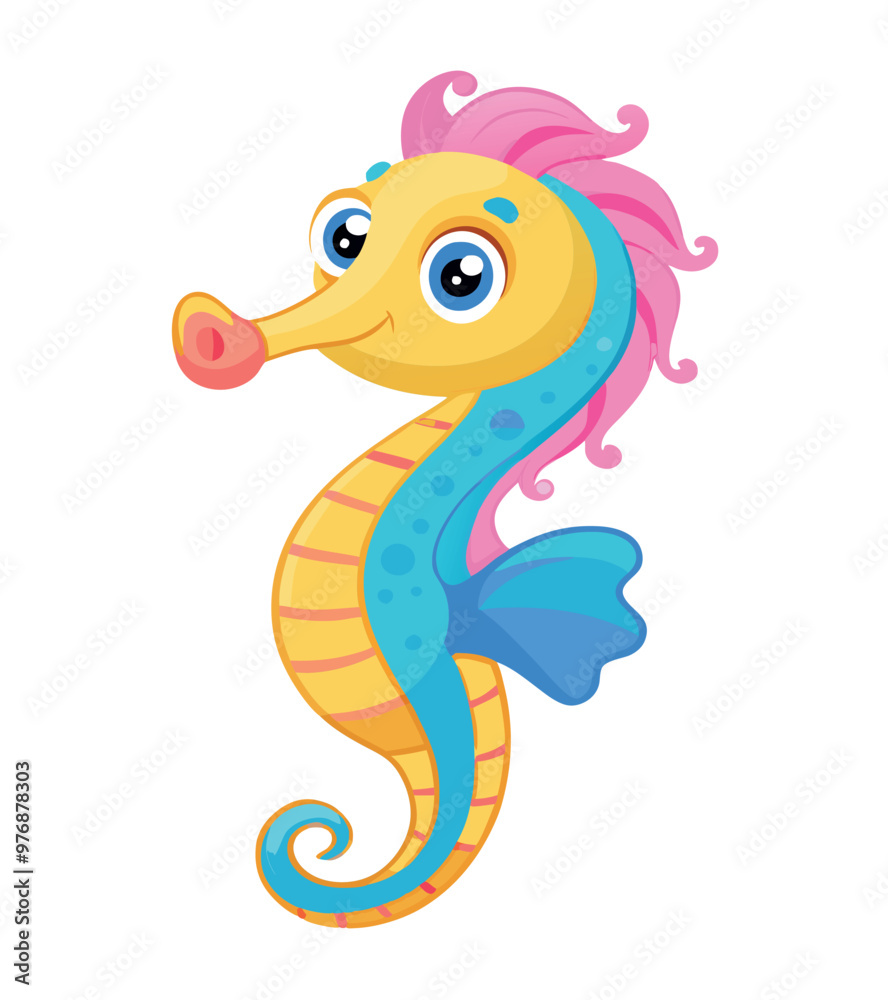 Fototapeta premium Cute cartoon seahorse smiling and posing underwater