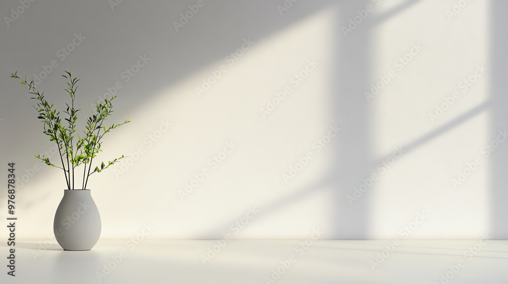 A white vase with green leaves and shadow of branches on the white wall.