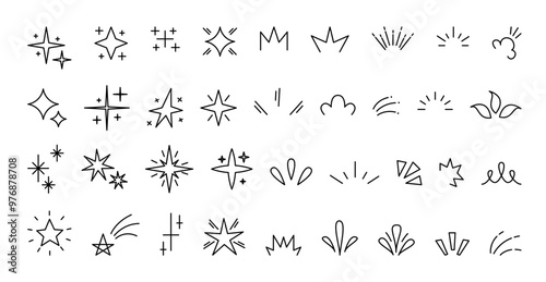 Cute Line Doodle Decoration. Embellishment for Lettering Editable Stroke. Outline Design Elements, Stars, Swirls and Flourishes.