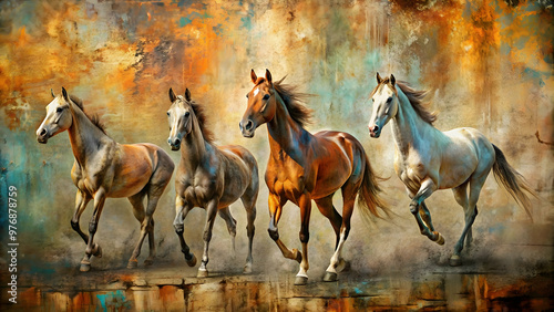 Fototapeta Naklejka Na Ścianę i Meble -  Abstract modern painting with metal elements and textured background featuring animals, specifically horses , modern