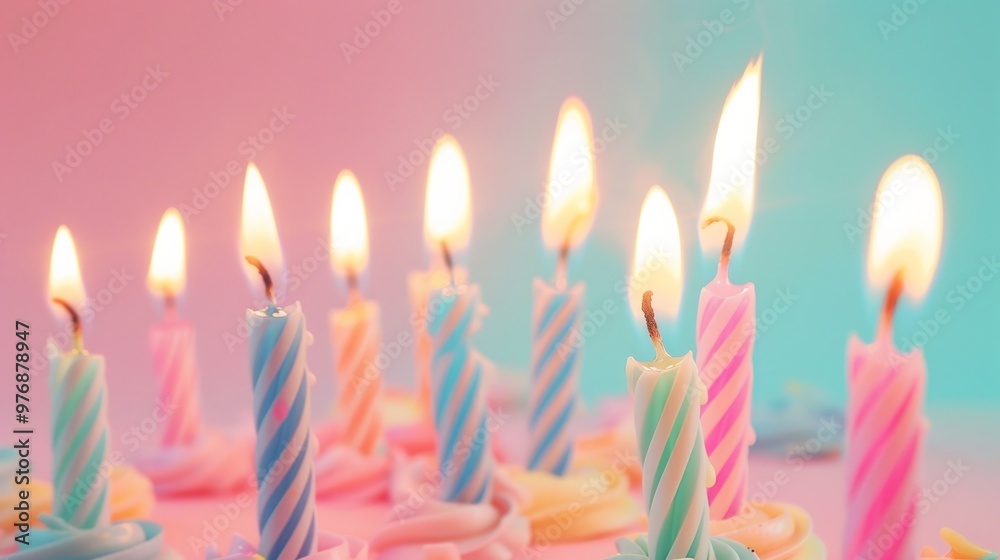 A birthday lit candles on it on pastel background. A birthday lit candles on it on pastel background.