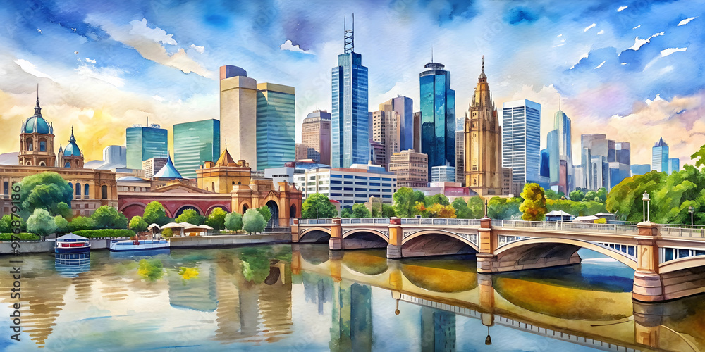 Obraz premium Watercolor painting of Melbourne city skyline featuring iconic landmarks such as Flinders Street Station