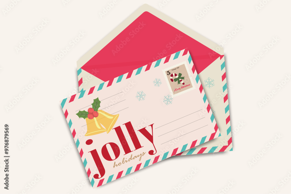 Christmas envelope and greeting card with Christmas bell, holly leaves and holiday stamp on colorful background. Merry Christmas card. Winter Holiday Vintage Greeting Card. Christmas envelope and greeting card with Christmas bell, holly leaves and holiday stamp on colorful background. Merry Christmas card. Winter Holiday Vintage Greeting Card.