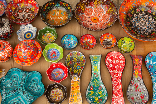 Beautiful and colorful traditional souvenirs from Albania. photo