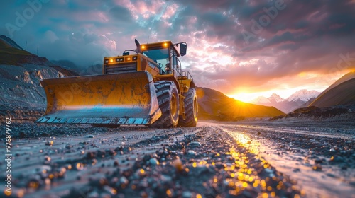 Yellow bulldozer driving on a dirt road in a mountain landscape at sunset.