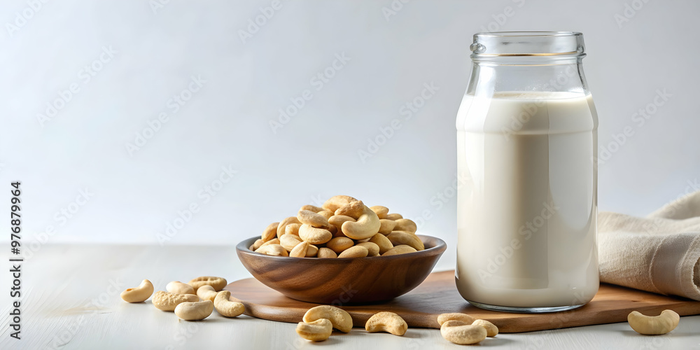 Cashew milk and cashews on white background, cashew, milk, healthy, nut, vegan, alternative, plant-based, organic Cashew milk and cashews on white background, cashew, milk, healthy, nut, vegan, alternative, plant-based, organic