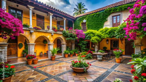 Colonial Mexican hacienda courtyard with vibrant flowers, rustic architecture, and stone pathways, hacienda, Mexican