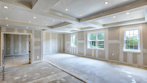 Walls of newly built home are smoothly plastered with gypsum ready for painting photo