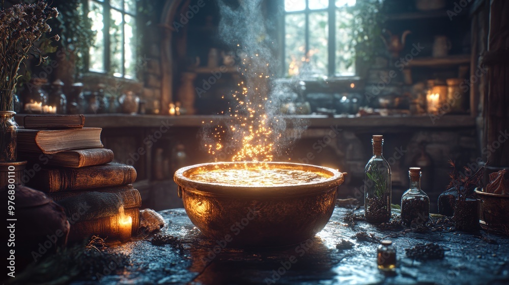 A bubbling cauldron in a dimly lit witch's kitchen with spell books and dried herbs. A bubbling cauldron in a dimly lit witch's kitchen with spell books and dried herbs.