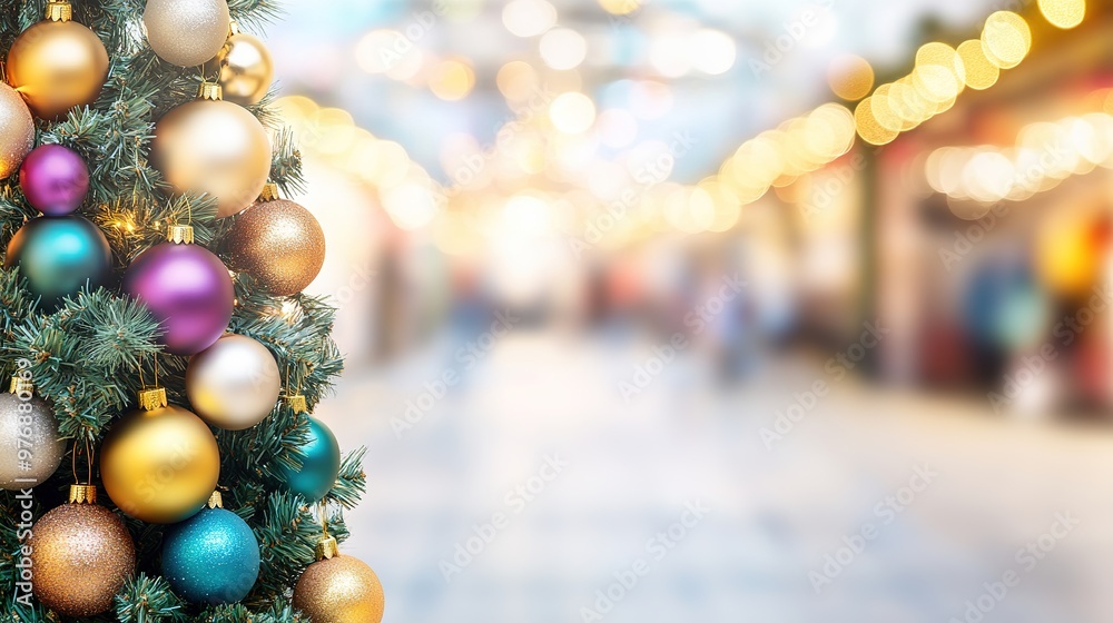 Fototapeta premium An abstract blur of beautifully decorated Christmas ornaments hanging from a pine tree, set against a cozy home interior background. This image captures the festive spirit of the holiday season, 