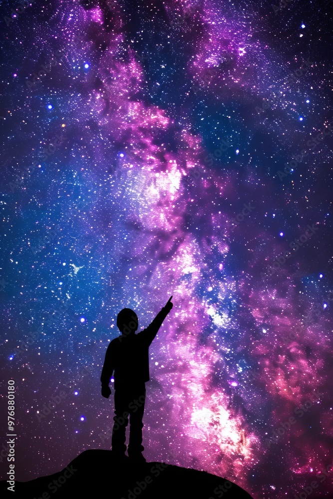 Childs Dream, Reaching for the Stars A Silhouette Against a Vibrant and Colorful Milky Way Galaxy Childs Dream, Reaching for the Stars A Silhouette Against a Vibrant and Colorful Milky Way Galaxy