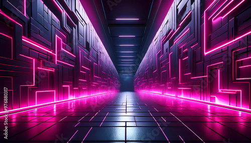 Vibrant Neon Hallway with Reflective Surfaces