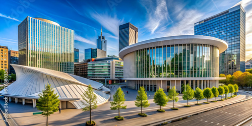 Cityscape of Philharmonie and modern office buildings in Luxembourg business district photo