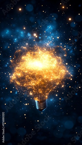 A glowing light bulb bursting with creativity, surrounded by cosmic stars and vibrant energy, symbolizing innovation and ideas.