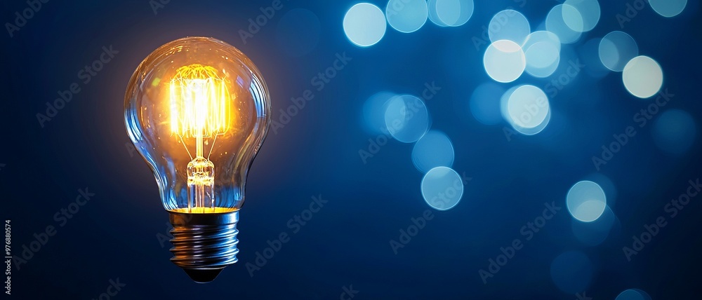 A glowing light bulb illuminated against a blue background, creating an inviting and warm atmosphere with beautiful bokeh effects. A glowing light bulb illuminated against a blue background, creating an inviting and warm atmosphere with beautiful bokeh effects.