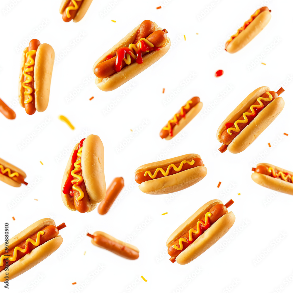 Realistic Hotdogs with Ketchup and Mustard Flying on White Background Realistic Hotdogs with Ketchup and Mustard Flying on White Background